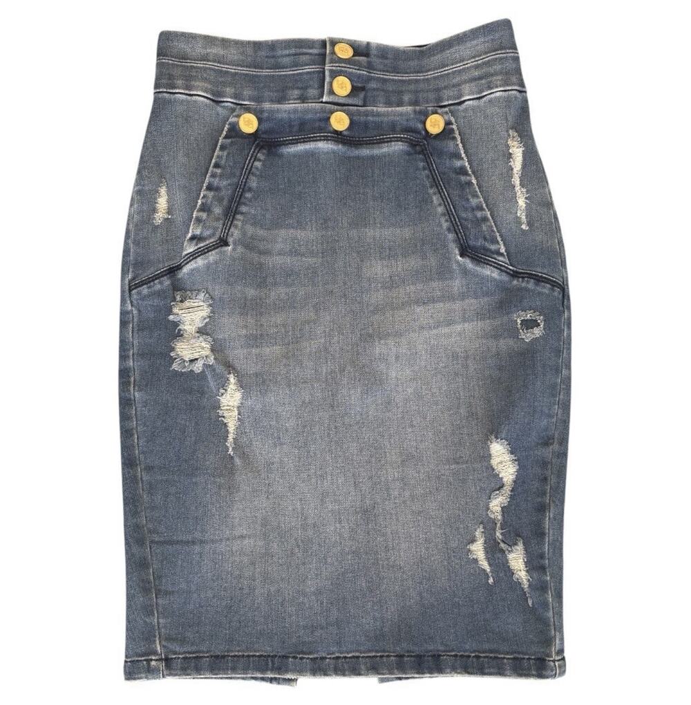 Bebe Distressed Denim Pencil Skirt High Rise Gold Buttons Y2K Edgy Sz 24